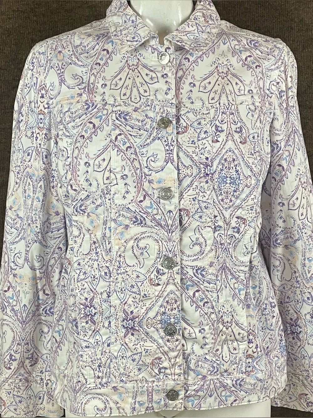 Chico's Jacket Women’s 2 12/14 Purple Paisley Button-Up Collared Pockets Stretch